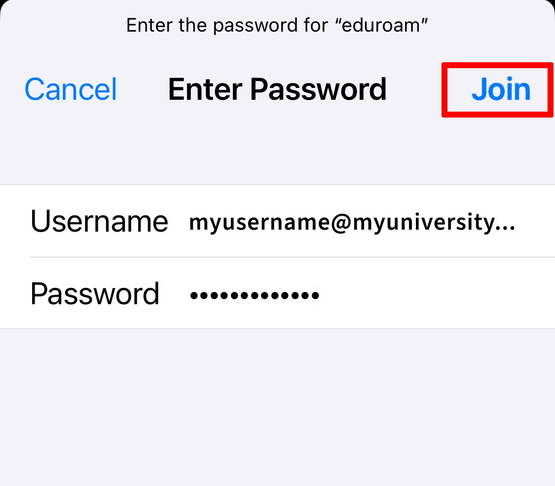 eduroam login window on an iOS device. Username entered is calpoly email. Password entered is calpoly account password. Join button is highlighted