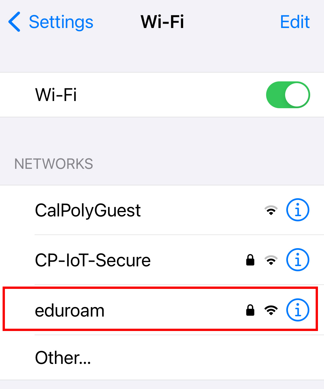iOS settings for WiFi. Choose a network. eduroam is highlighted