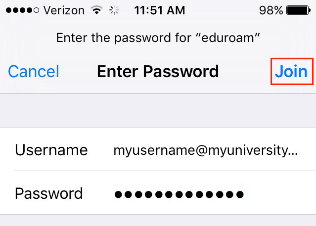 eduroam login window on an iOS device. Username entered is calpoly email. Password entered is calpoly account password. Join button is highlighted