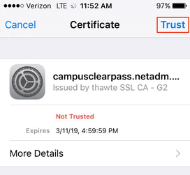 iOS settings certificate. Trust is highlighted
