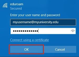 wifi pop-up. eduroam. Enter your username and password. Username is calpoly email. Password is calpoly password. Ok button is highlighted