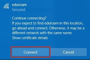 WiFi pop-up. eduroam. Continue connecting. Connect button is highlighted