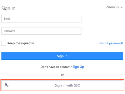 zoom.us sign-in. 'Sign in with SSO' button is highlighted