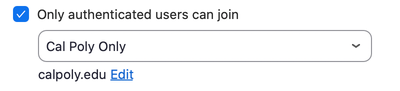 'Only authenticated users can join' is checked. 'Cal Poly Only' is selected from the dropdown
