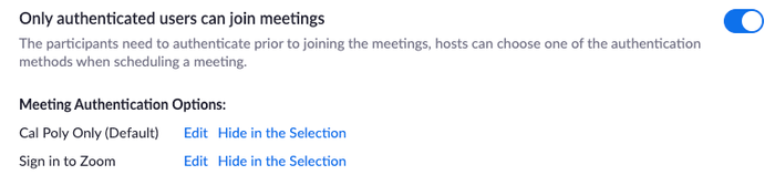 Only authenticated users can join meetings is selected.