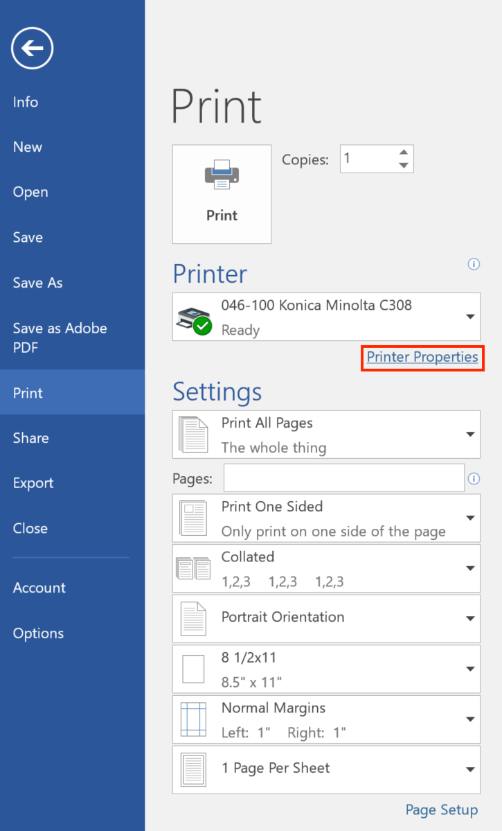 Printer Properties is highlighted