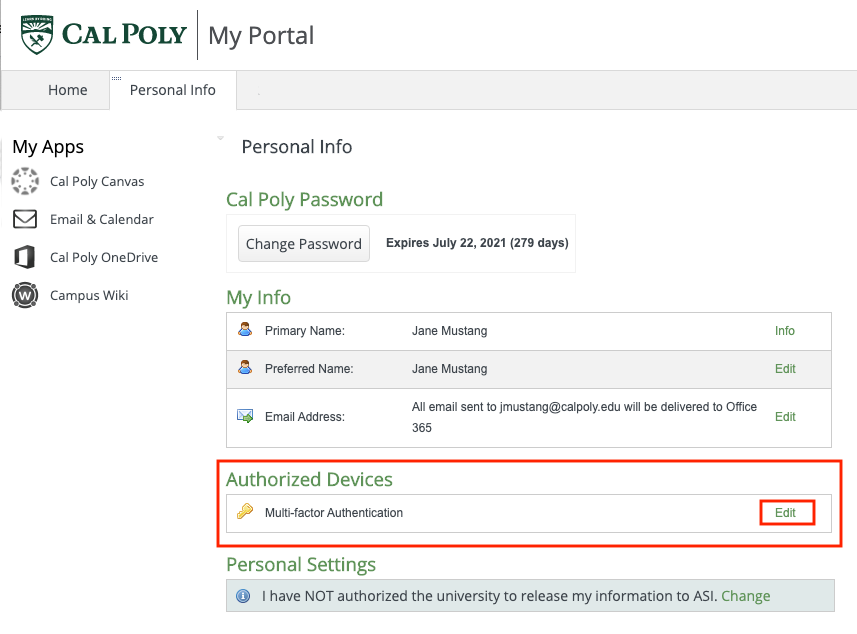 My Cal Poly portal Personal Info portlet Authorized Devices Multifactor Authentication Edit Button