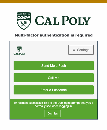 Multifactor Authentication Pop-up 'Enrollment Successful' message