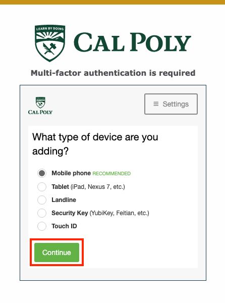 Multifactor Authentication Pop-up check mobile device, continue button