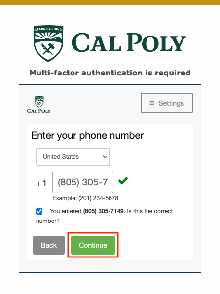 Multifactor Authentication Pop-up enter your phone number, continue button