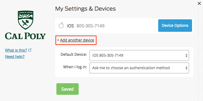 Multifactor Authentication Pop-up add another device button