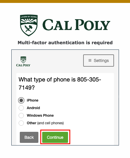 Multifactor Authentication Pop-up check iphone, continue button