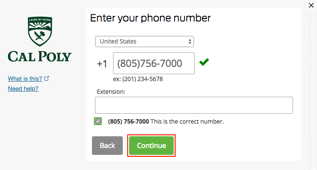 Multifactor Authentication Pop-up Enter phone number, continue button