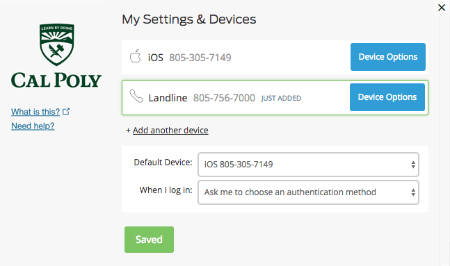 Multifactor Authentication Pop-up My setting and Devices landline device options 