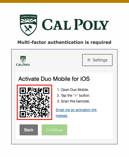 Multifactor Authentication Pop-up Activate Duo scan barcode
