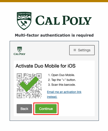 Multifactor Authentication Pop-up Activate Duo mobile, activated, continue button