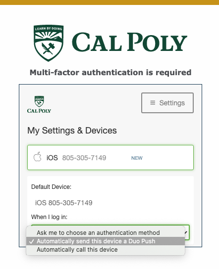 Multifactor Authentication Pop-up My setting and Devices device 'when I log in'