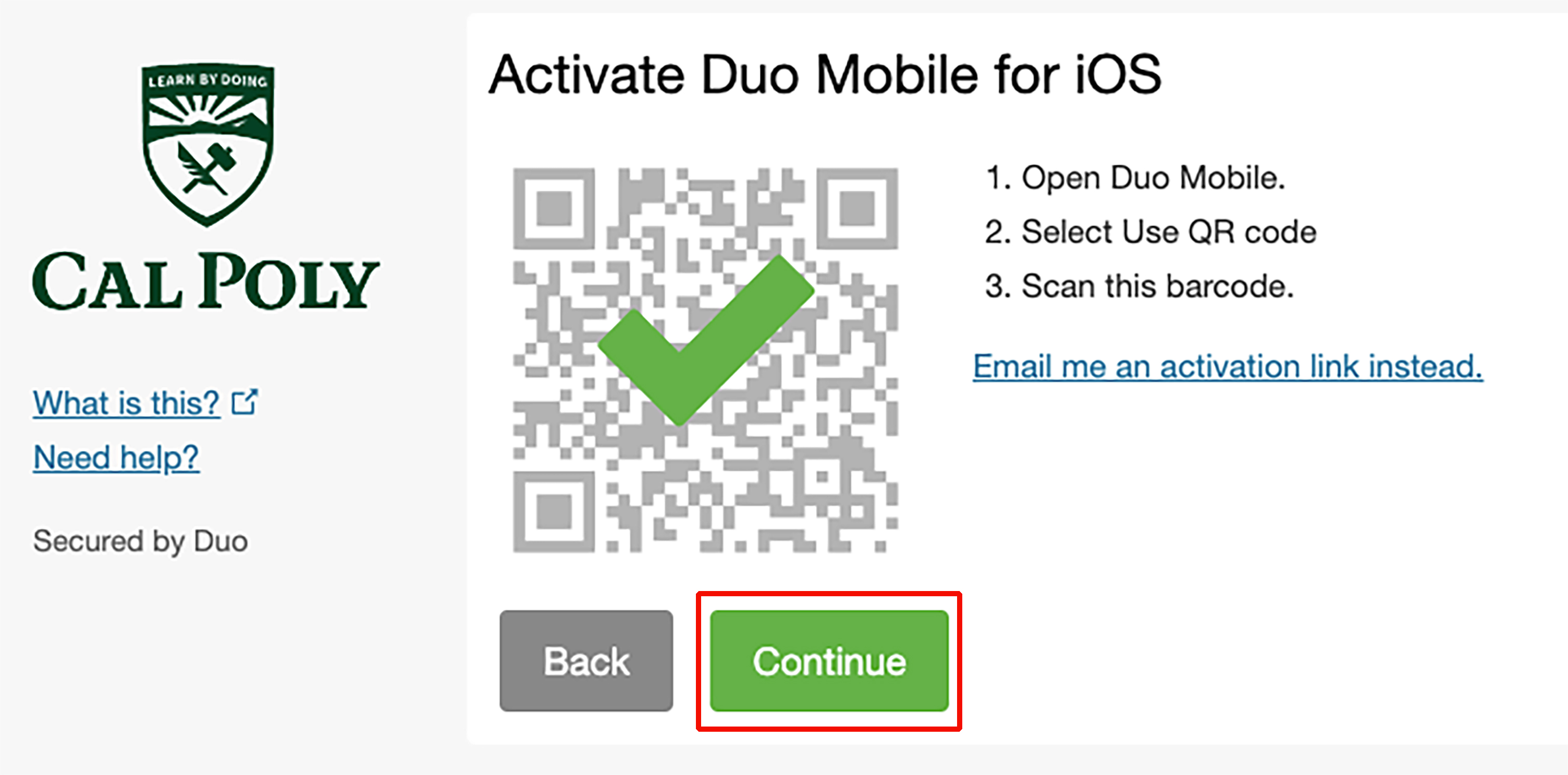 green check shown over greyed out QR code and Continue button highlighted.
