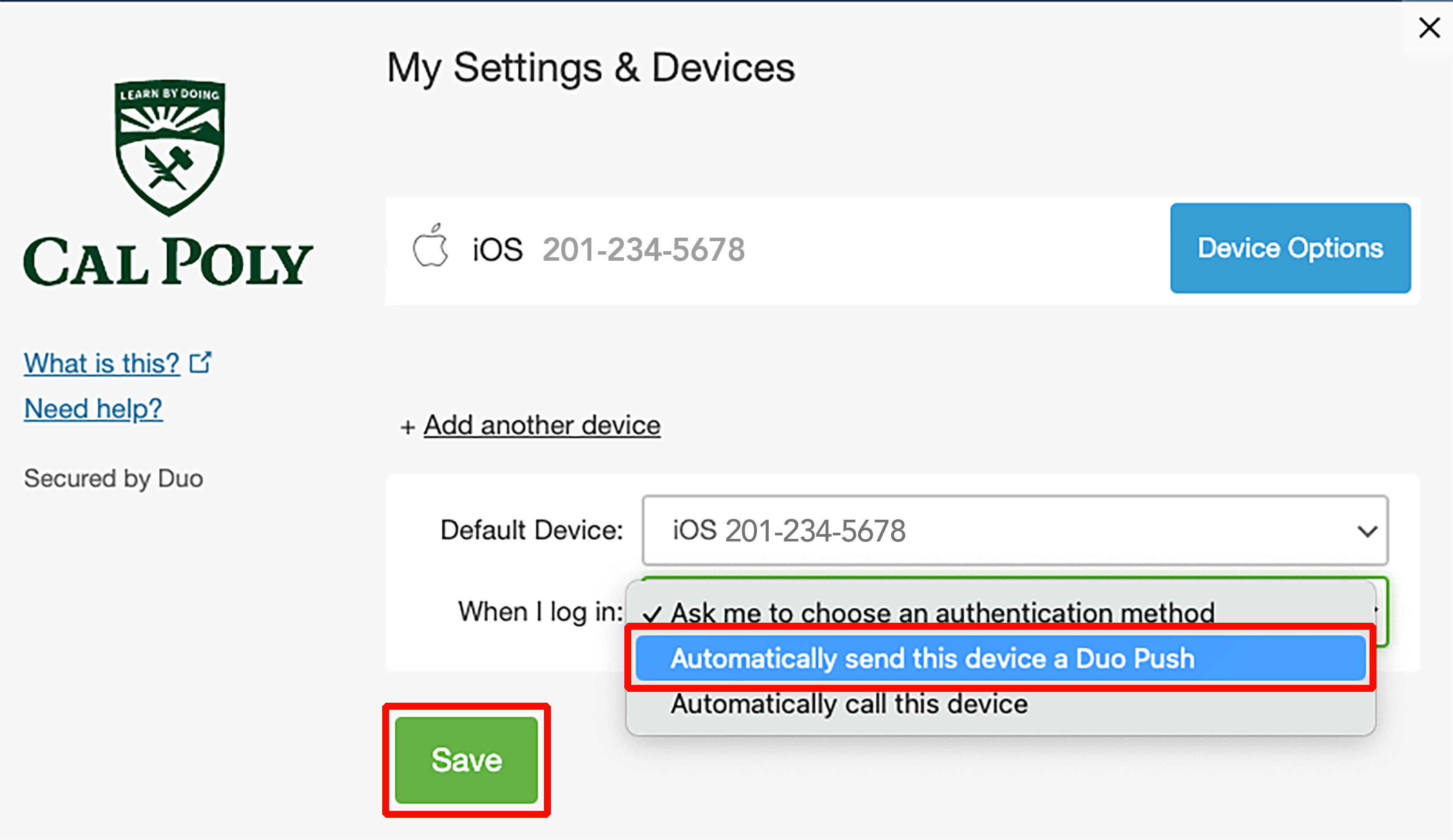 When I log in drop-down menu shown with Automatically send this device a Duo Push selected and highlighted.
