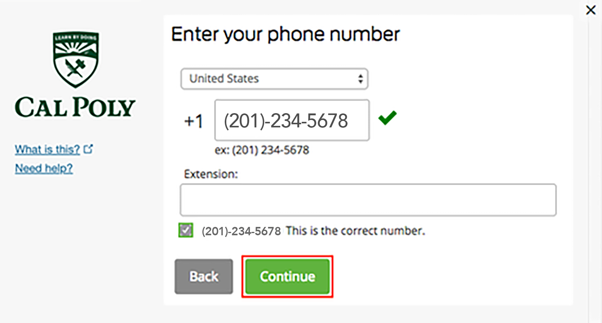 Enter your phone number dialog box shown with phone number (201)-234-5678 entered checkbox selected and Continue button highlighted.