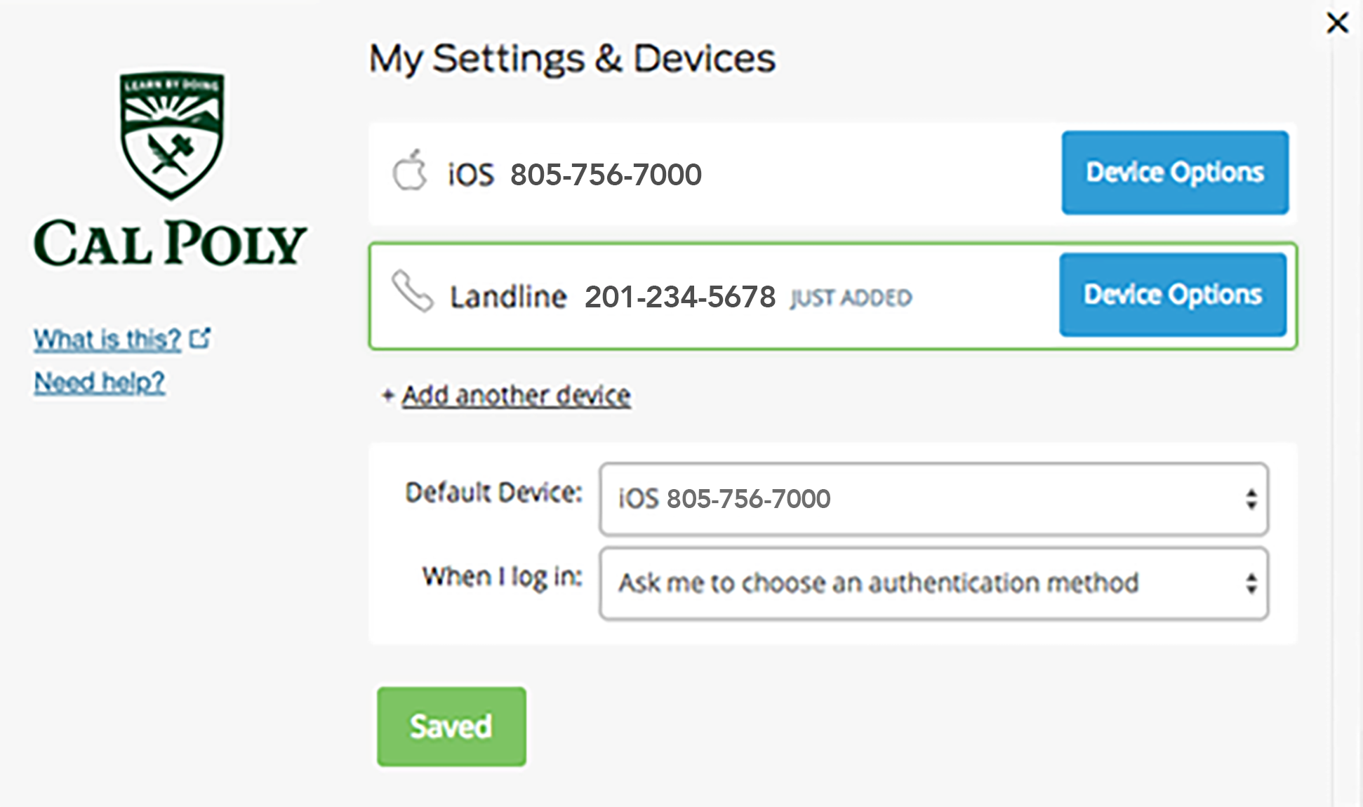 My Settings and Devices dialog box showing Landline 201-234-5678 Just Added.