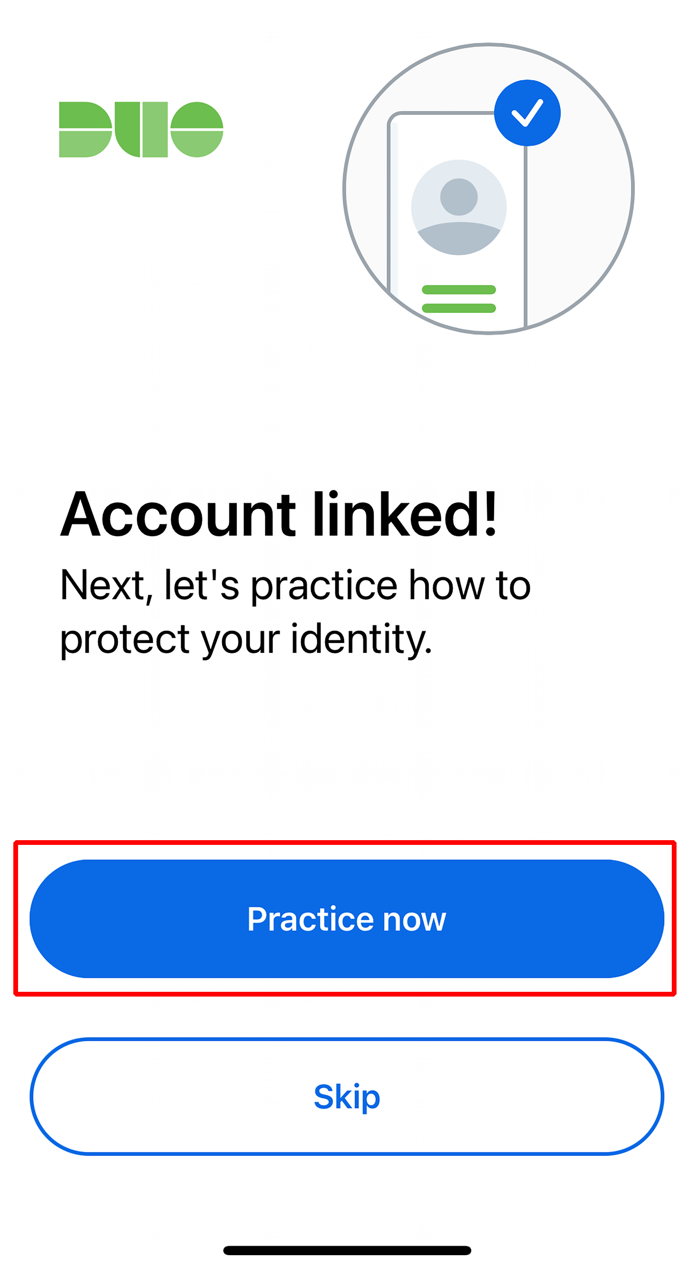 Account linked confirmation shown with Practice now button highlighted.