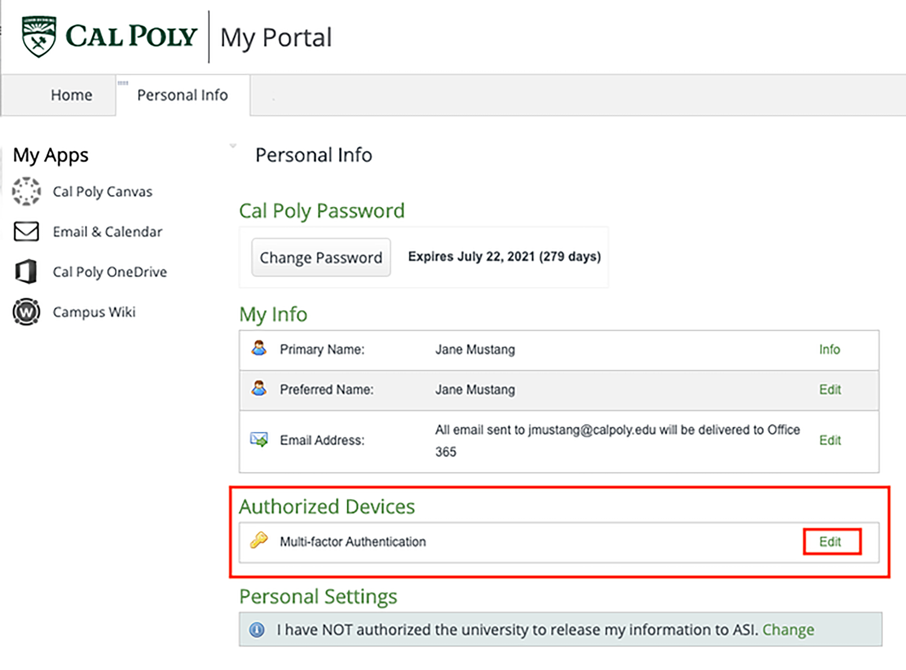 Cal Poly portal personal Info panel with Authorized Devices section and Edit button both highlighted.