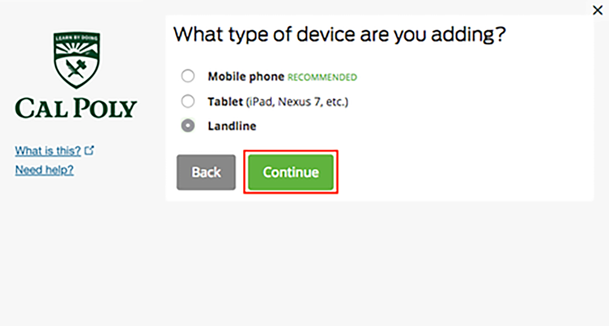What type of device are you adding dialog box shown with Landline selected and Continue button highlighted.