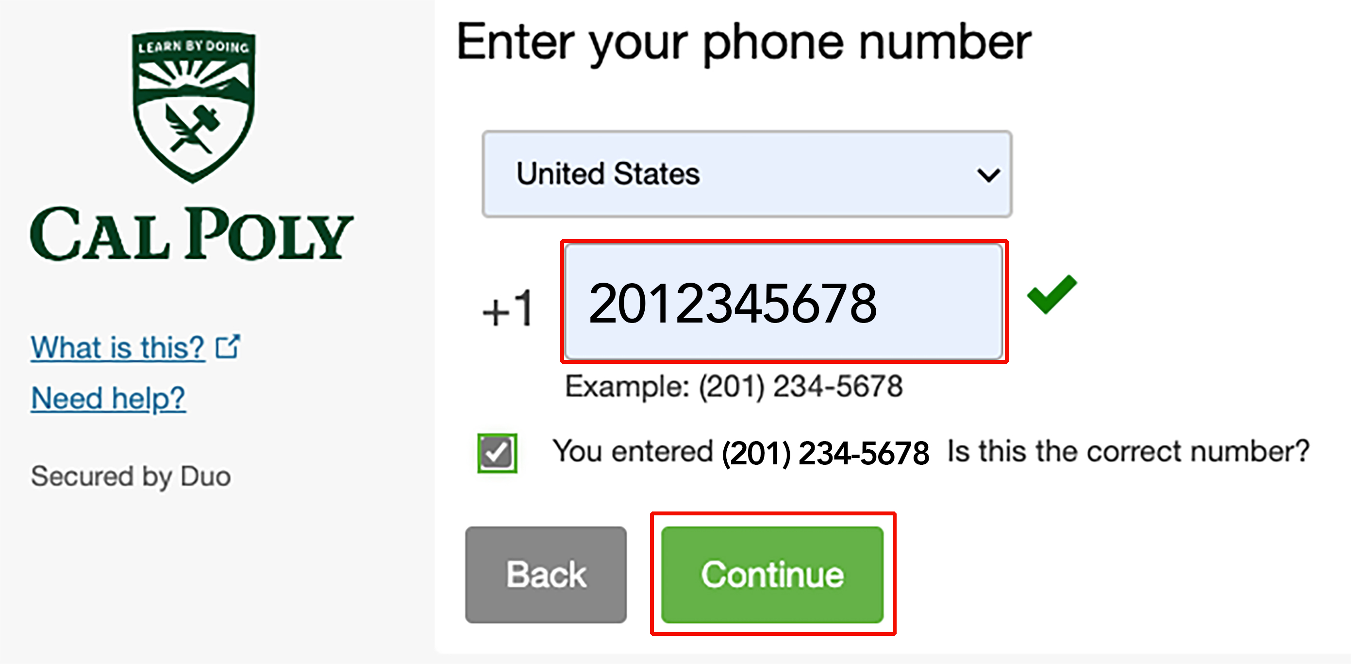 Phone number typed, checkbox checked, and Continue button highlighted.