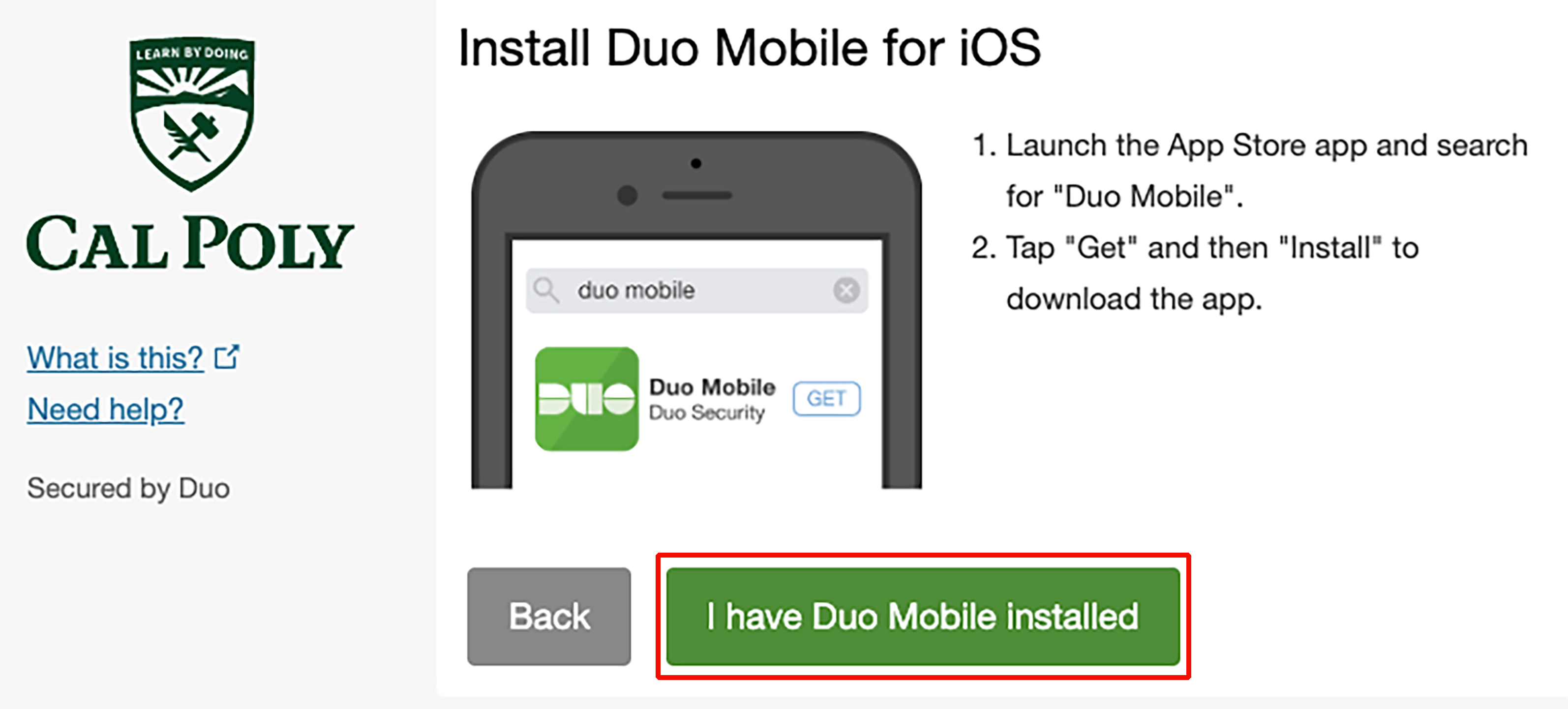 I have Duo Mobile installed button highlighted.