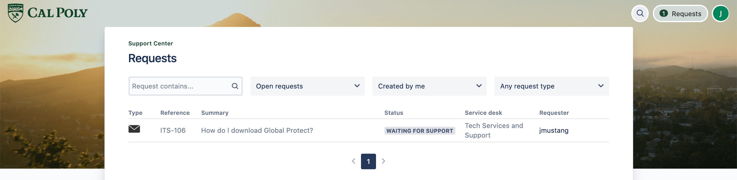 Screenshot of Cal Poly Support Center Requests log screen.