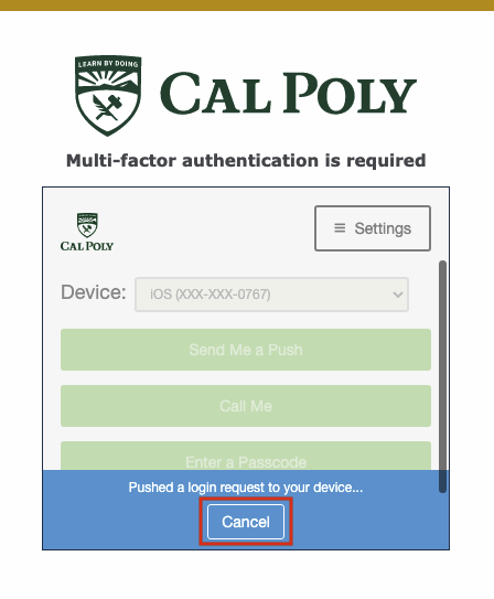 Multifactor Authentication Pop-up 'Pushed a login request' message, cancel button