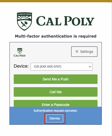 Multifactor Authentication Pop-up 'Authentication request canceled' message, Dismiss button