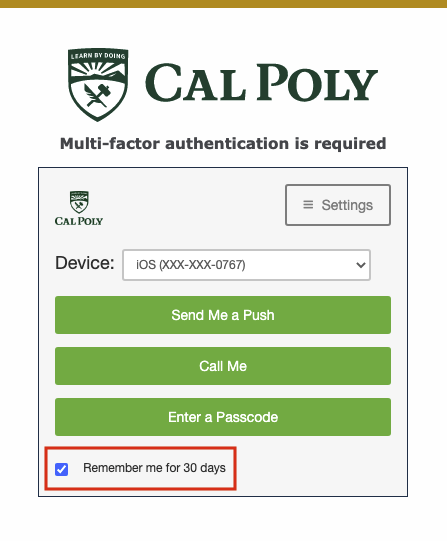 Multi-factor Authentication pop-up check remember me for 30 days
