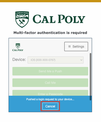 Multifactor authentication pop-up. Pushed a login request to your device. Cancel button is highlighted