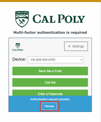 Multifactor authentication pop-up. Authentication request canceled. Dismiss button is highlighted.