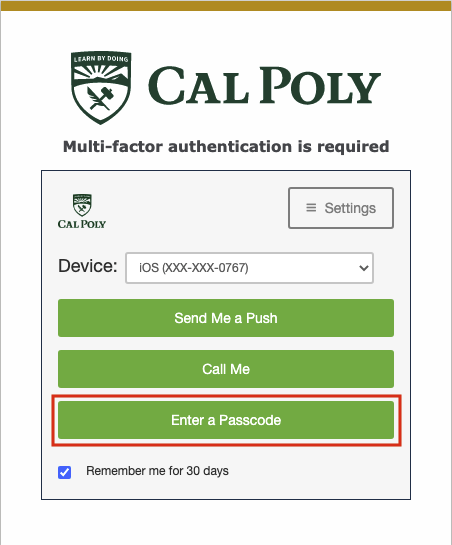 Multifactor Authentication Pop-up Enter a passcode button