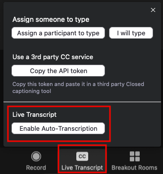 Live Transcript menu. Live Transcript , enable auto-transcription is highlighted
